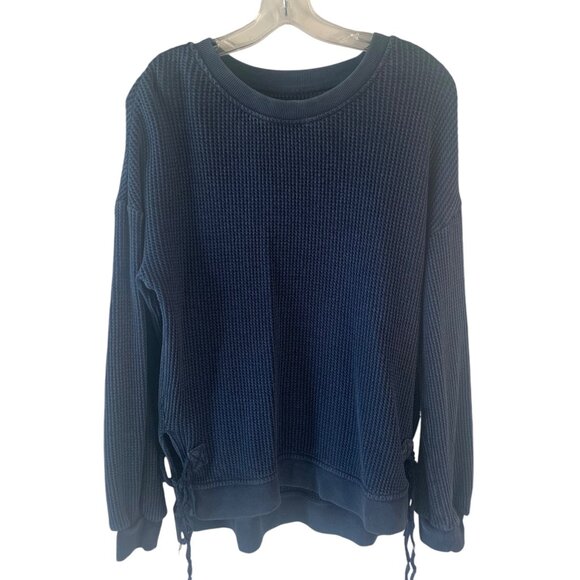 ANTHROPOLOGIE SATURDAY SUNDAY Indigo Blue Aliana Waffle Knit Pullover Size XS - Picture 4 of 10